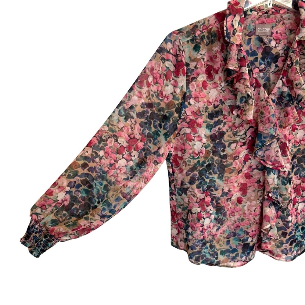 Chicos Floral Ruffle Front Blouse Pink Blue Abstract Sheer Long Sleeve Top 2 - Picture 3 of 6